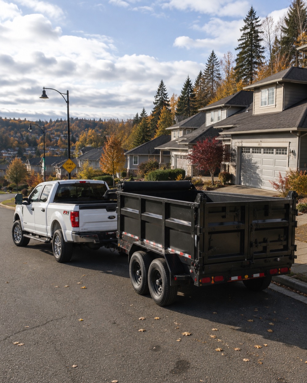 Dump Duck pickup truck and dump trailer parked outside a home in a Seattle-area neighborhood